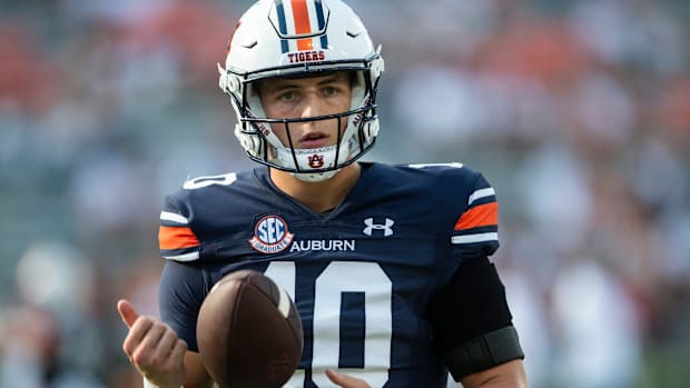 Auburn Tigers quarterback Zach Calzada (10) during warm ups before Auburn Tigers take on Mercer Bears at Jordan-Hare Stadium in Auburn, Ala., on Saturday, Sept. 3, 2022.